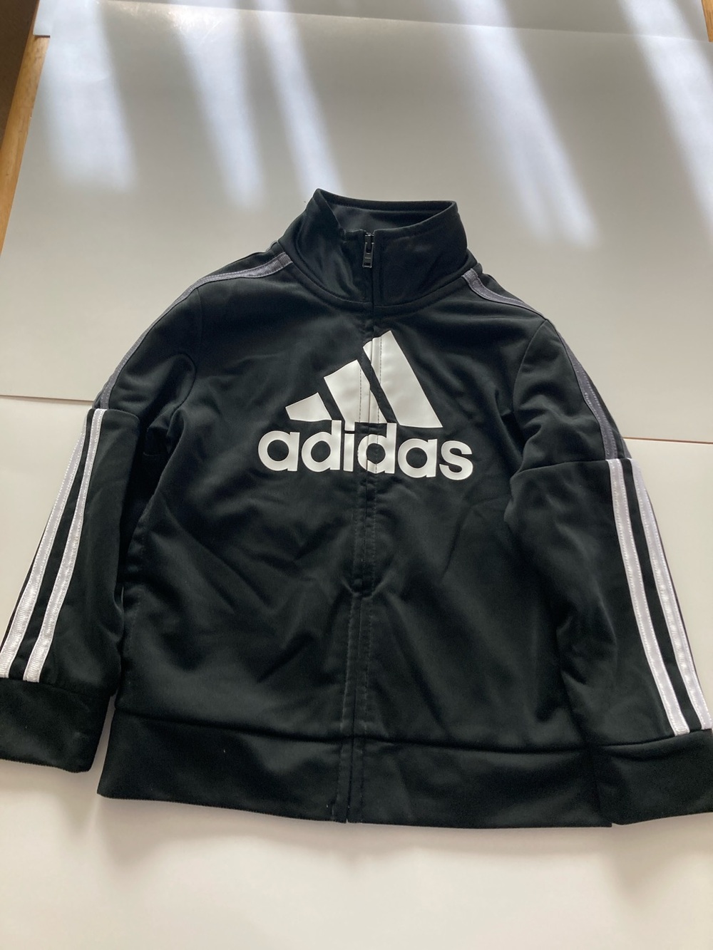 adidas Boys Jet Black and Bright  White Striped Athletic Jacket. Size 2T.